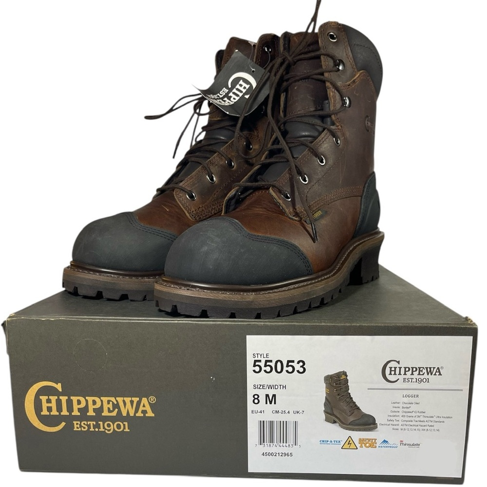 NIB Chippewa Brown 55053 Aldarion 8” Composite Toe Insulated Logger Boot Size 8M